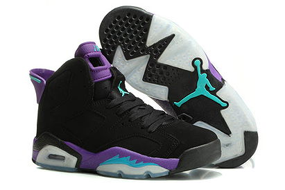 Female Nike Jordan Retro 6 Sports Sneakers Black Blue and Purple Colorway for Women