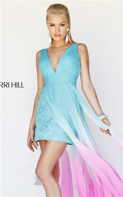 Sherri Hill 11077 Aqua/Pink Plunging Neck V-Back Ruched Prom Dresses Short