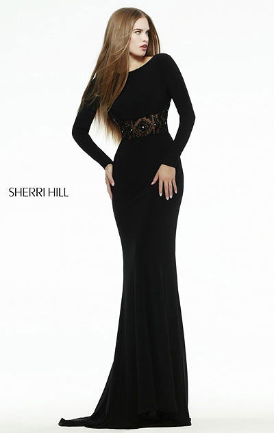 Boat-Neck Sherri Hill 32121 Long-Sleeved Black Beaded 2015 Long Prom Dresses