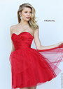 Sherri Hill 50657 Lovely Red Satin Strapless Sweetheart Mini Prom Dress With Ruching