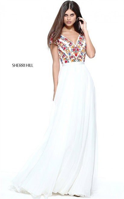 2017 Floral Embroidered Sherri Hill 51112 Ivory/Multi V-Back Lace Long Dress