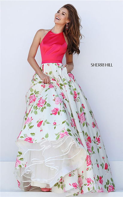 Luxurious Long Print Coral/Ivory Floral High Neck Party Gown From Sherri Hill 50231