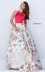 Luxurious Long Print Coral/Ivory Floral High Neck Party Gown From Sherri Hill 50231