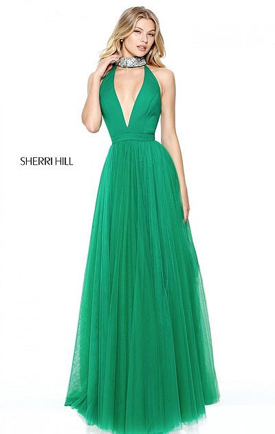 Halter Neckline 2017 Beaded Emerald Long Tulle Evening Gowns Sherri Hill 50840