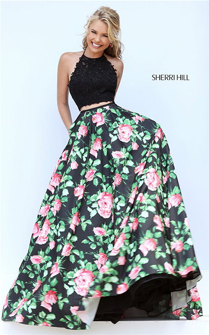 Luxurious Print Sherri Hill 50337 Black/Pink Floral Two Piece Dress Prom 2017