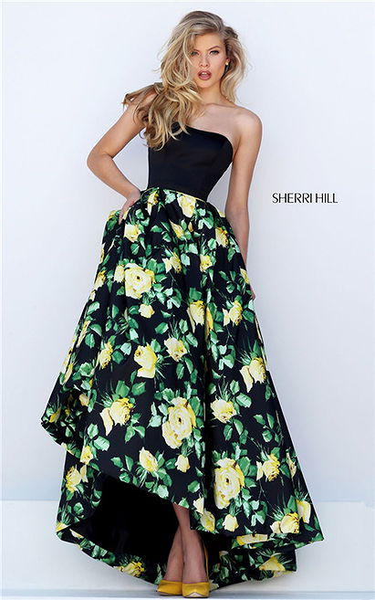 2017 Sherri Hill 50206 Floral Taffeta Print Strapless Hi-Low Party Dress