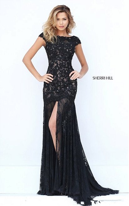Black/Nude Sherri Hill 50023 Lace Cap Sleeve Evening Gown