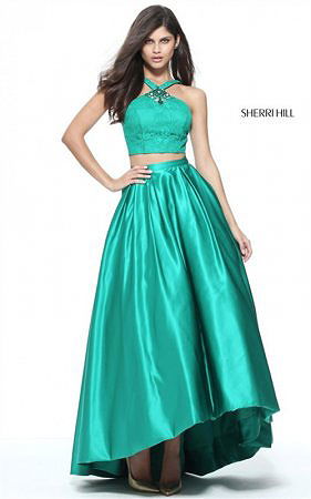 2-Piece Beading Sherri Hill 51162 Halter Emerald Hi-Low Long Dress 2017