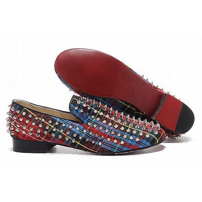 Tartan Gold Christian Louboutin Rollerboy Spikes Womens Flat Red Sole Shoes