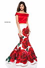 2 Piece 2018 Sherri Hill 51850 Cap Sleeves Red Long Rose Printed Mermaid Gowns