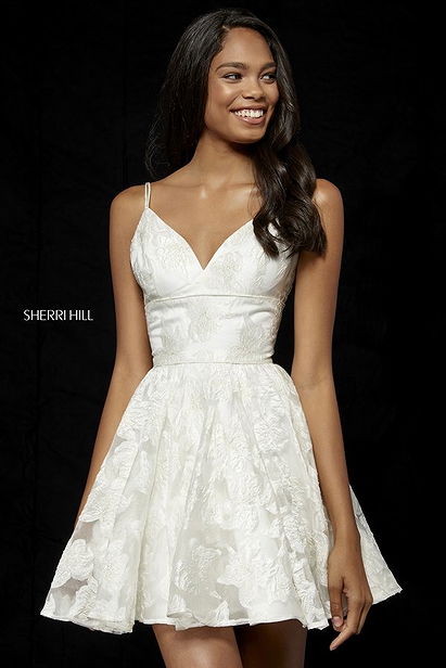 Sherri Hill Ivory V Neck 52385 Floral Patterned Homecoming Gowns 2018 [Sherri Hill 52385 Ivory] - $230.00