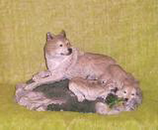 Wolf Figurine - Living Stone %u201CWolf Shell Game%u201D, Mother Wolf with Pups and Turtle