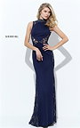 2017 Slim Sherri Hill 50652 Beaded Cutout Back Navy Lace Prom Dress Long