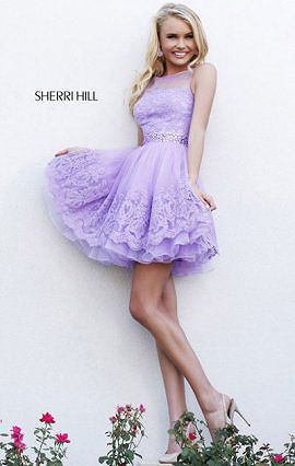 Sherri Hill 11091 Light Purple Layered A-Line Short Lace Cocktail Dresses High Neck 2015