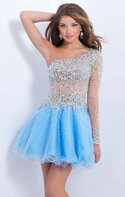 Long-Sleeve Cornflower Beaded 2015 Short Homecoming Dress One Shoulder Blush by Alexia 9858