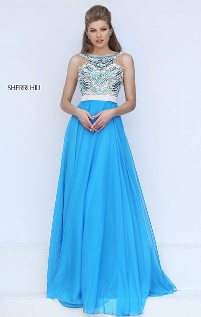 2016 Boat Neckline Turquoise Beaded Patterned Long Chiffon Prom Dresses Sherri Hill 50395 Open Back