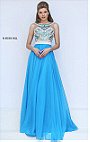 2016 Boat Neckline Turquoise Beaded Patterned Long Chiffon Prom Dresses Sherri Hill 50395 Open Back