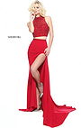 Two Piece Beaded Patterned Red Sherri Hill 50804 Slit Long Jersey Evening Dresses 2017 Sleeveless