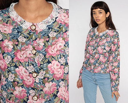Floral Blouse 80s 90s Granny Button up Shirt Boho Top Lace