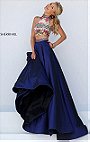 Two Piece Keyhole Sherri Hill 50080 Beaded Patterned Navy/Multi High Neckline Long Satin Prom Dresses 2016