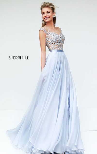 Cheap Sherri Hill 11151 Silver/Nude High-Neck A-Line Beaded Prom Dress