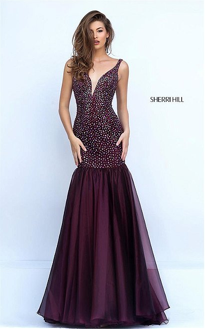 Wine Embellished Beads V-Neck Low Back Fitted Mermaid Dress From Sherri Hill 11324