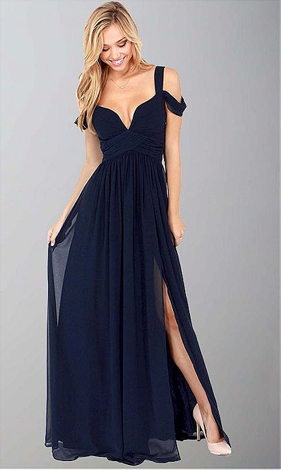 Dark Blue Off Shoulder Slit Sexy Maxi Dresses KSP246