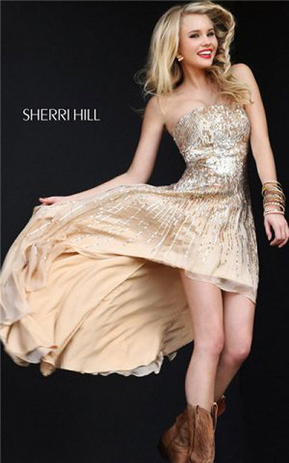 Strapless Sherri Hill 8300 Sequined Chiffon Hi-Low Cocktail Dress Outlet