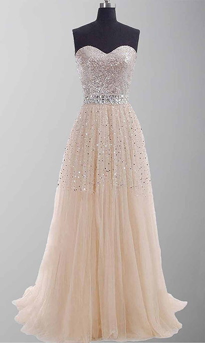 Champagne Sequin Sweetheart Long Prom Gowns KSP254