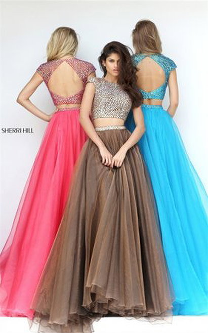 Light Brown Crystals Sherri Hill 50561 Cutout Back Tulle 2 PC Prom Dress Long