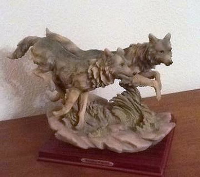 Wolf Figurine - Wolf Pair Running on Wooden Base (Montefiori Collection)