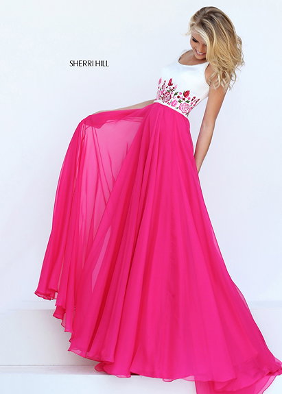 Fuchsia Long Floral Accented Chiffon Sherri Hill Style 50410 Prom Dress