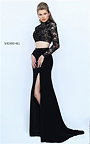 Black Sherri Hill 50455 Two-Piece High Neck Long Sleeves Slit Lace Evening Dress