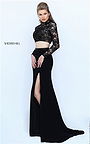 Black Sherri Hill 50455 Two-Piece High Neck Long Sleeves Slit Lace Evening Dress