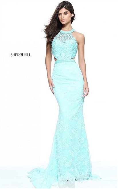 2017 Embellished Sherri Hill 51095 Halter Cutout Slim Aqua Lace Evening Gown