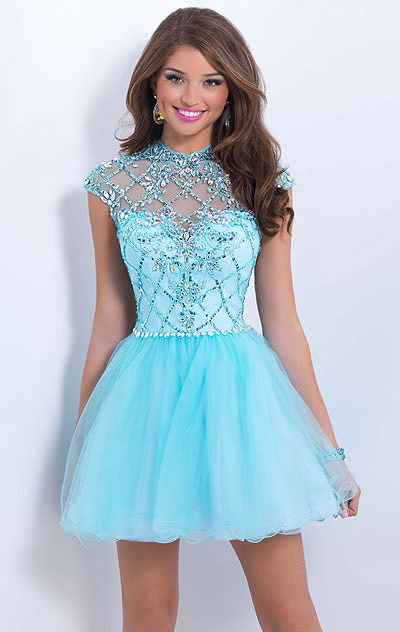 Pale Blue 2015 Blush by Alexia 9856 Beaded High-Neck Short Bodice Homecoming Dresses