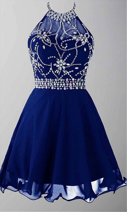 Short Blue Prom Dresses Jeweled Sheer Halter KSP439