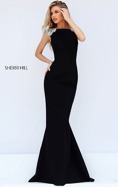 Open Back 2017 Sherri Hill 50593 Beaded Cap Sleeves High Neckline Black Long Jersey Prom Dresses