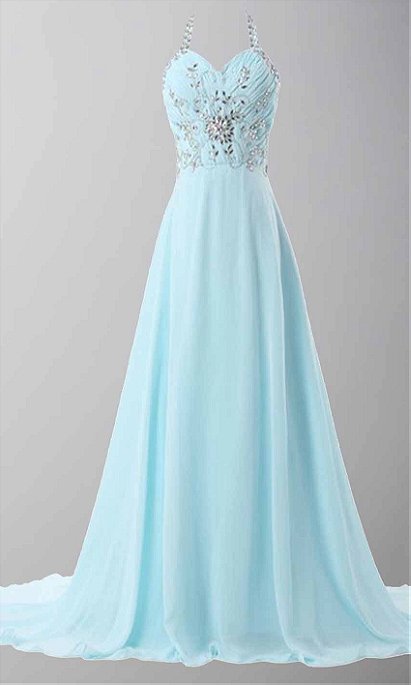 Sky Blue Halter Long Prom Dresses Lace Up Back KSP447
