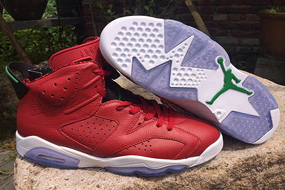 Air Jordan 6 Retro MVP Leather Nike Mens Shoes- Color: Red/White/Black with Green Accents
