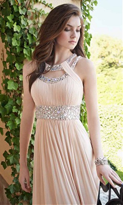 Grecian Sequin Double Collar Long Pink Prom Dresses KSP407