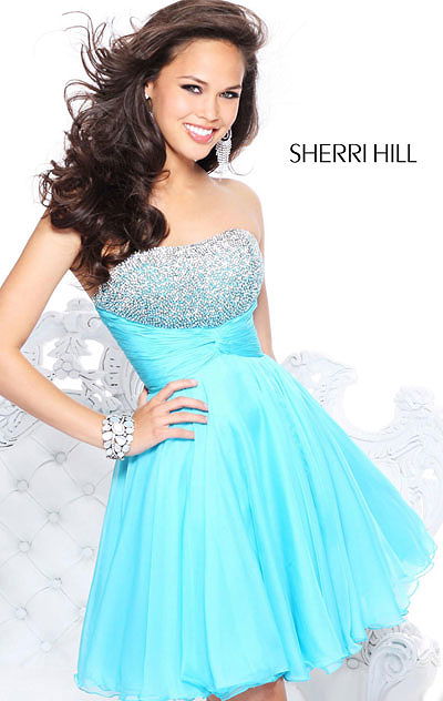 Cheap Beaded Sherri Hill 11018 Strapless Aqua Short A-Line Prom Dress