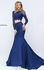 2 Piece Lace Long Sleeves Bateau Neck Navy Affordable Sherri Hill 50491 Long Prom Dresses