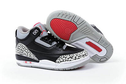 Black Cement/Grey/Sport Red -Jordan 3 Kids Basketball Shoes Leather