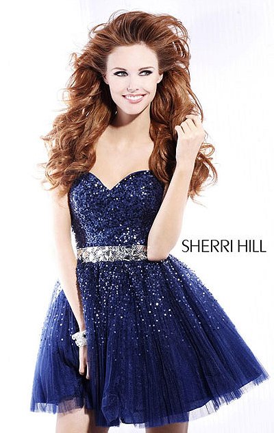Cheap Sherri Hill 2787 Navy/Gunmetal Sequined Strapless Homecoming Gown