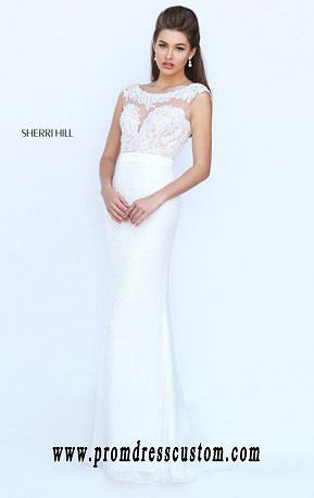 Boat-Neck Sherri Hill 50314 Cap-Sleeves 2016 Beaded Ivory Long Bodice Prom Dresses