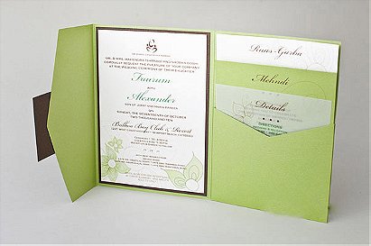 Natural Green Color Tri-folded pocket wedding invitations HPI268