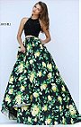 Sherri Hill 50119 Floral Printed 2016 Black/Yellow Lace Applique Halter Neckline Two Piece Long Prom Dresses