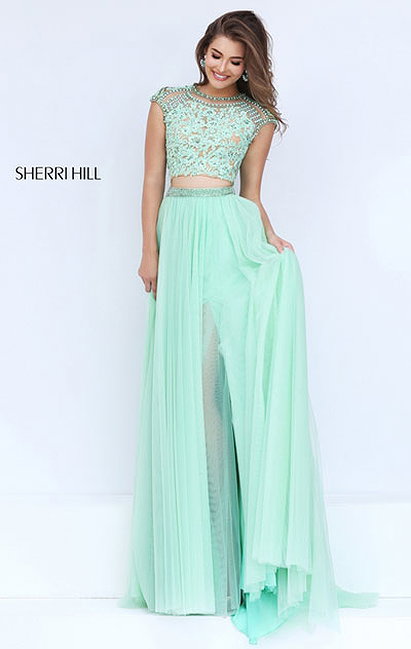 2016 Two Piece Cap Sleeves Green Beaded Lace Appliques Open Back Sherri Hill 50110 Tulle Long Slit Prom Dresses