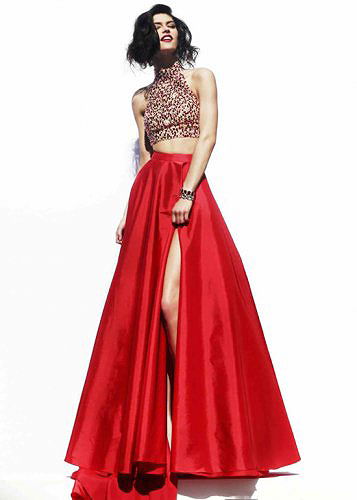 2015 Red Halter Beaded Two Piece Side Slit Keyhole Back Sherri H